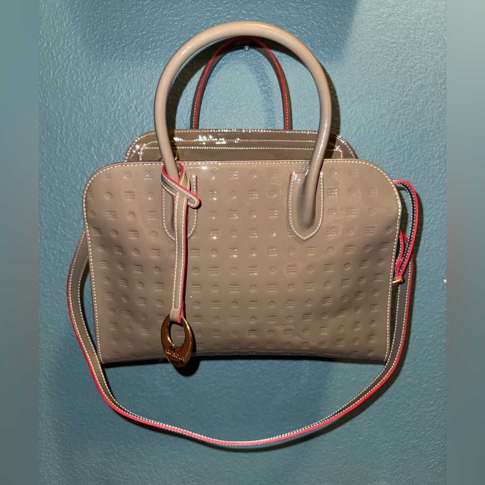 Arcadia Italian Patent Leather Satchel Taupe Beige | Embossed Logo